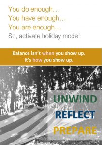 Text about self-worth and balance over a photo of a striped hammock in the woods with words unwind, reflect, prepare