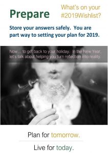A person blowing on a dandelion in a black and white photo with text about planning for the New Year