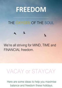 Text over a sunset sky with birds: FREEDOM THE OXYGEN OF THE SOUL We’re all striving for MIND, TIME and FINANCIAL...
