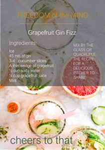 Recipe for a Grapefruit Gin Fizz featuring cucumber and mint, set against a background of refreshing cocktails