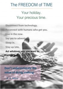 A person's arm in water wearing a watch next to text about the freedom of time and a quote by A.A. Milne
