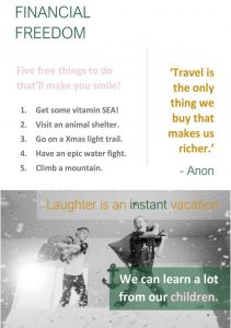Graphic about financial freedom featuring a list of free activities and a quote about travel, plus a photo of children...