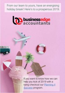 Holiday graphic featuring travel icons like a plane and surfboard on pink background with Business Edge Accountants logo