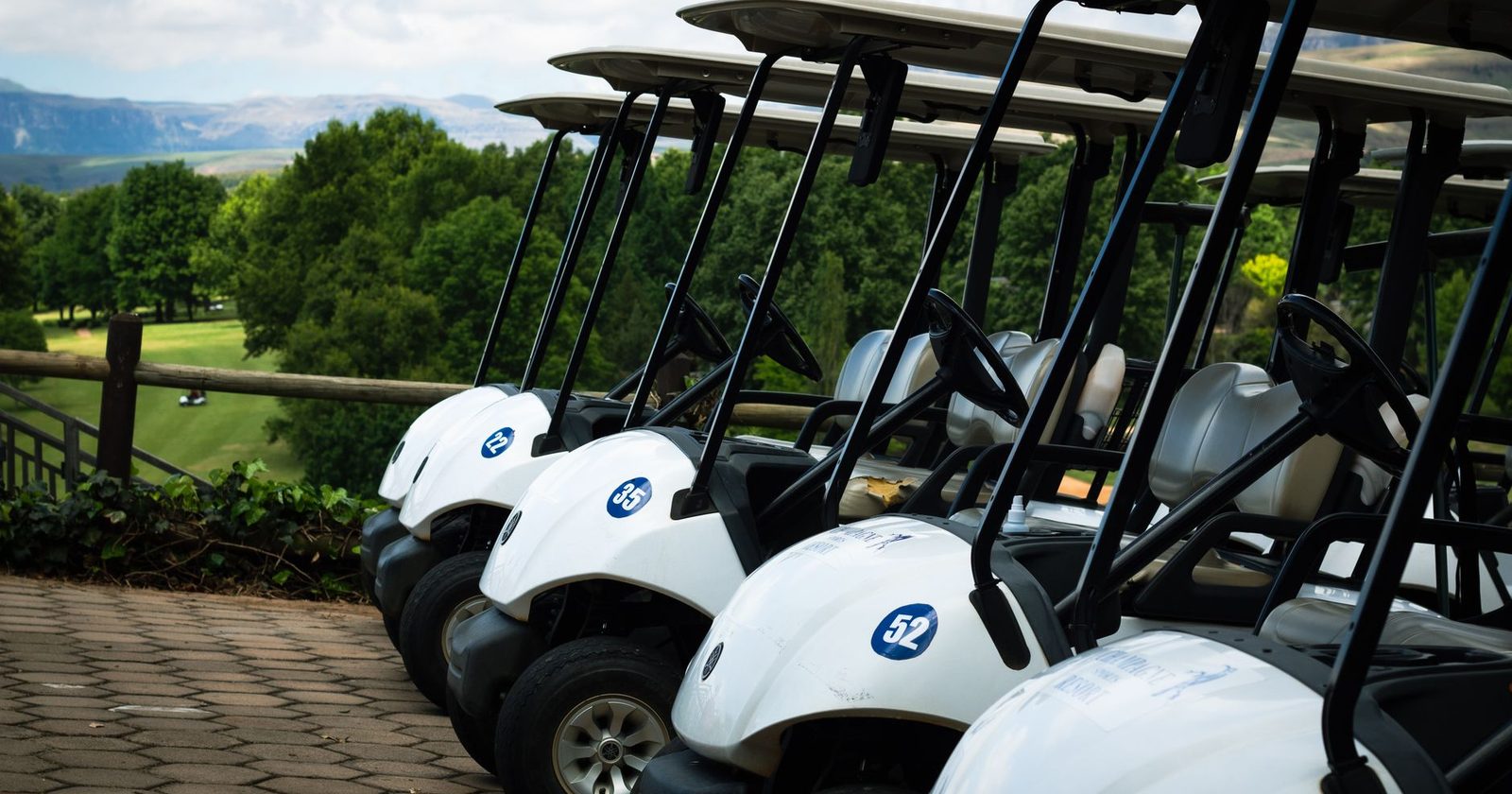 A row of white golf carts parked at the edge of a course, with fairway and hills behind