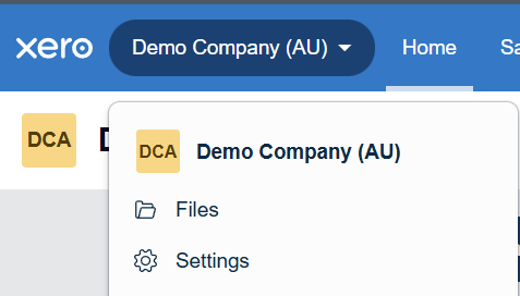 The Xero organisation menu open, showing Files and Settings