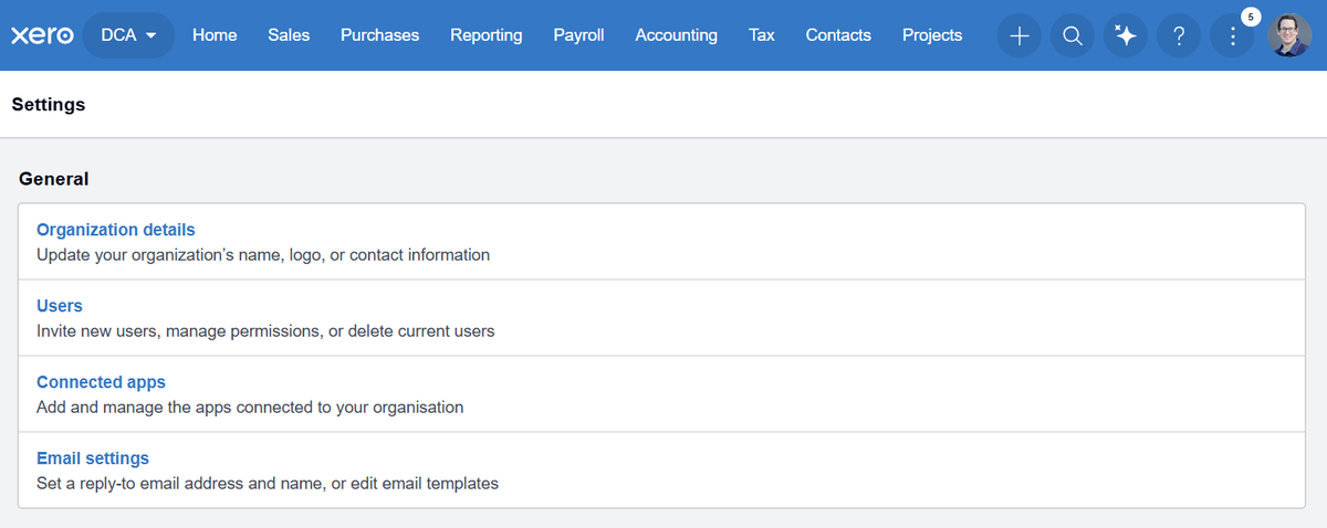 The Xero Settings page with Users listed under General