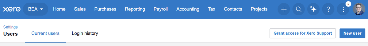 The Xero Users screen with the New user button at the right
