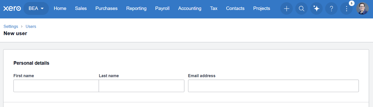 The blank New user form, first name, last name and email address