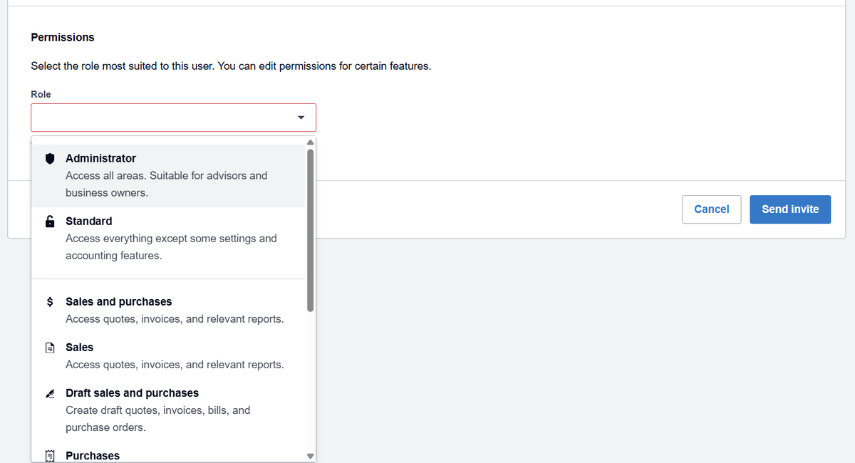 The Xero role list open, showing Administrator and Standard