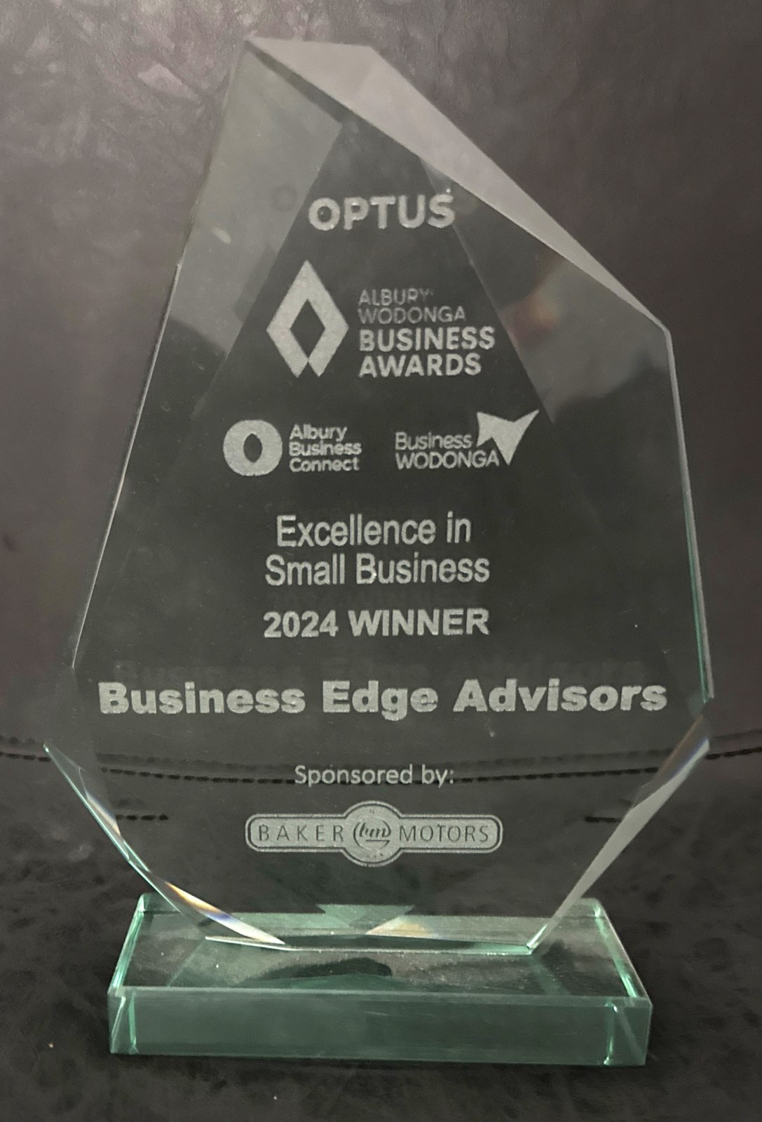 Albury Wodonga Business Awards 2024 trophy, Excellence in Small Business winner, Business Edge Advisors