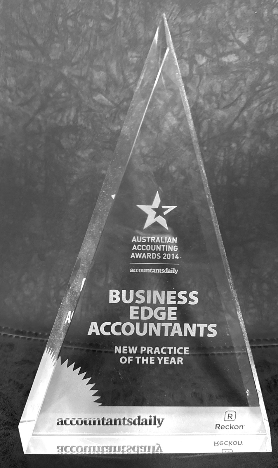 Australian Accounting Awards 2014 trophy, New Practice of the Year, engraved with the firm’s former name