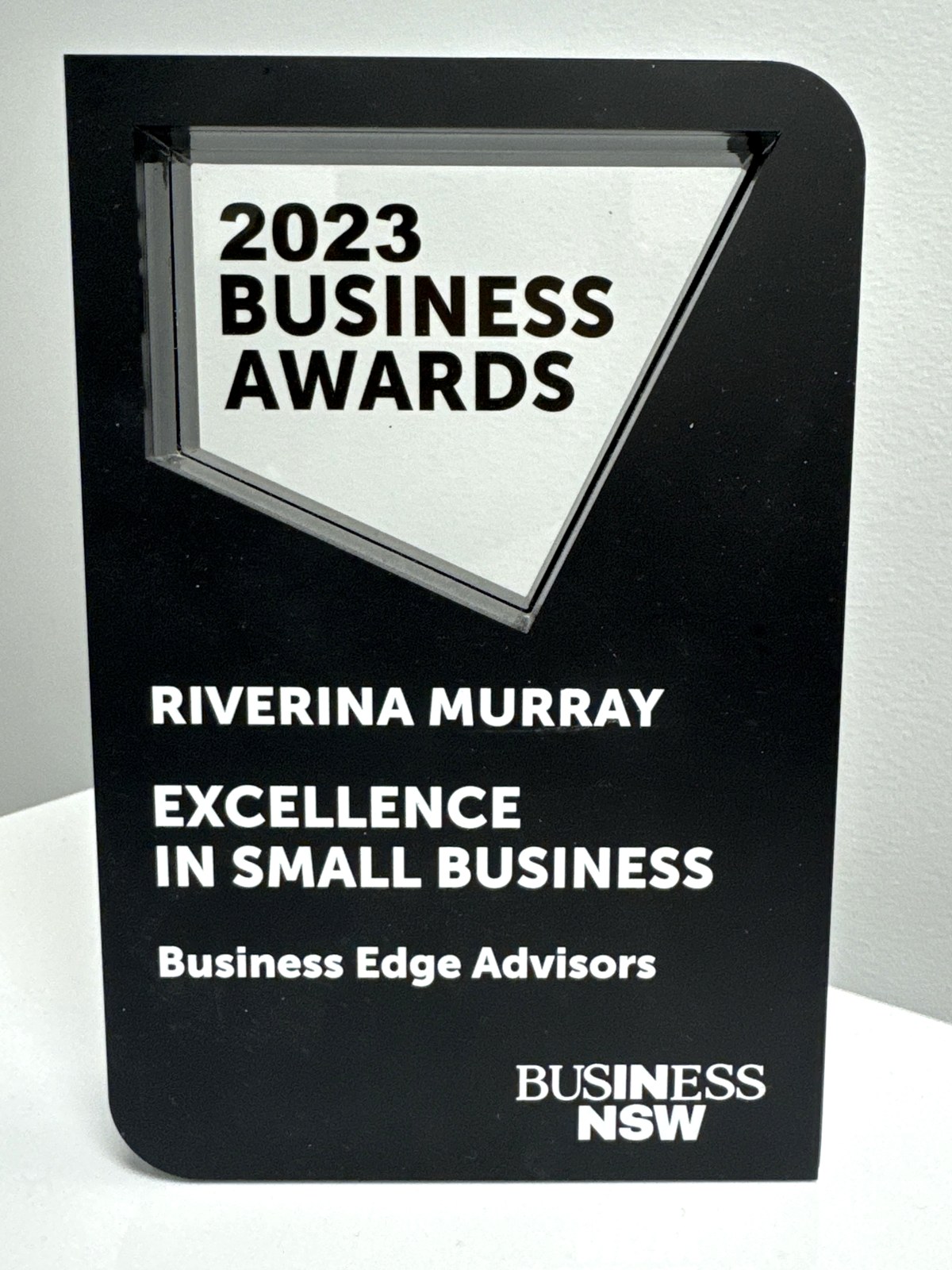 Business NSW 2023 Business Awards plaque, Riverina Murray, Excellence in Small Business, Business Edge Advisors